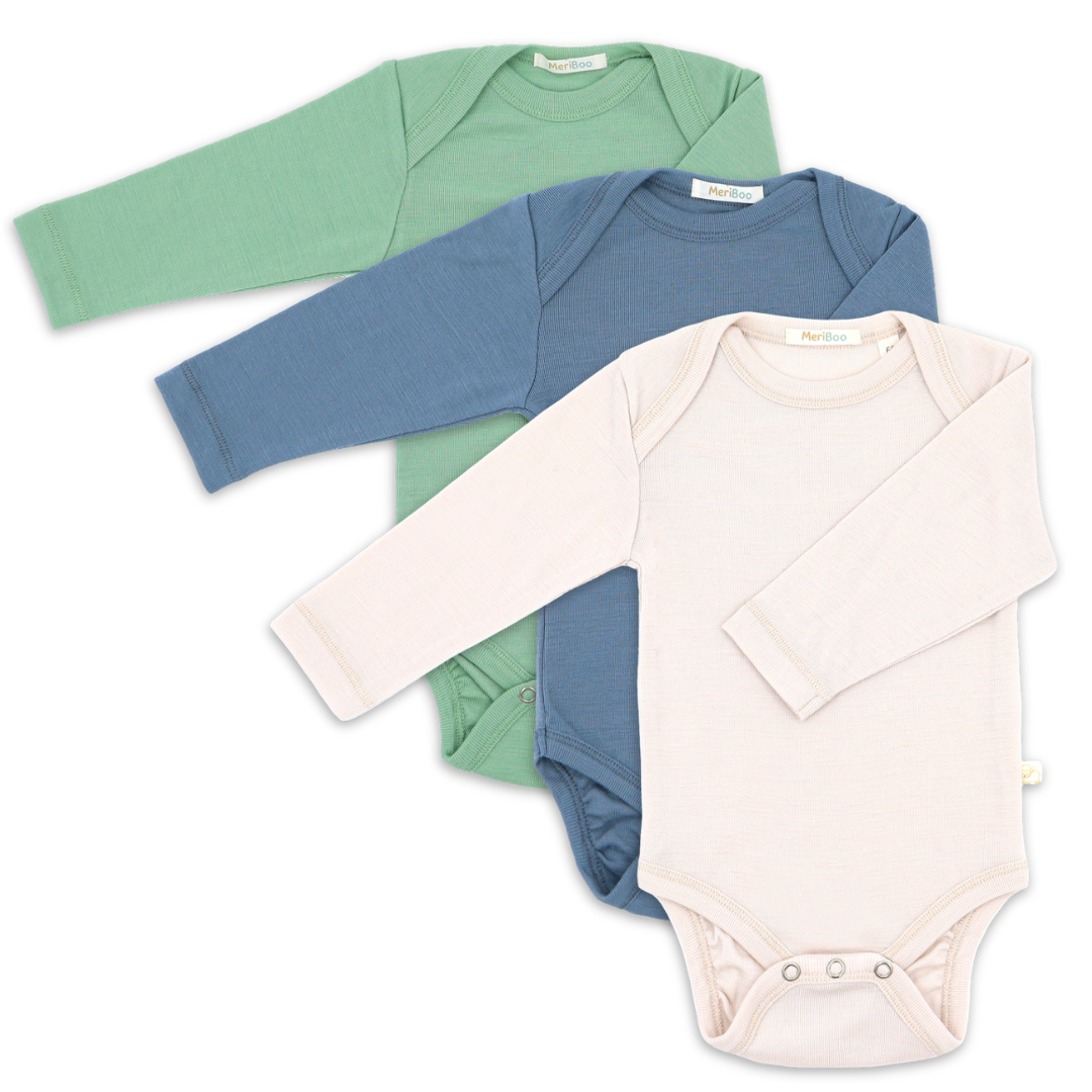 Комплкет от 3 броя боди с дълъг ръкав и обло деколте от 100% органична мериносова вълна